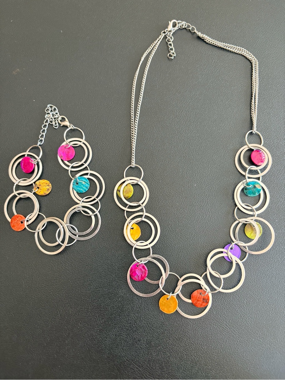 Multicolor Disc Pendant Silver-Tone Necklace & Bracelet Set
